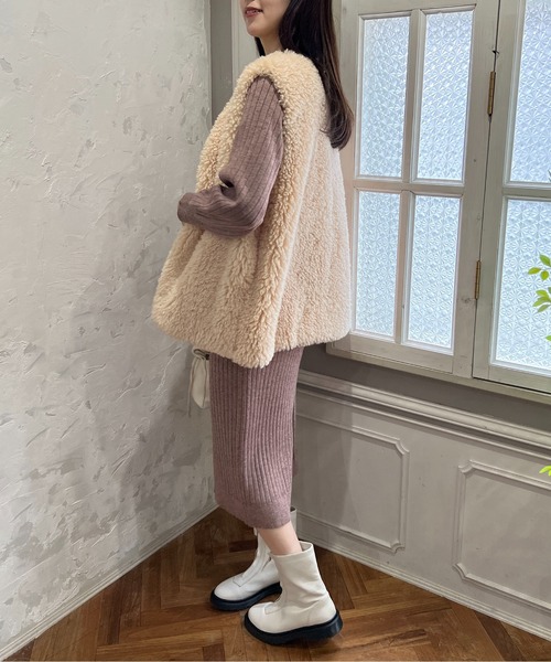 FREE'S MART（フリーズマート）の「ウォームストレッチリブブラウジングニットワンピース（ワンピース・レディース・ベージュ/ブラウン/ブラック/ライトグリーン・SMALL/MEDIUM）」の16枚目の写真