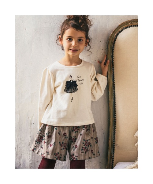 BeBe（ベベ）の「BeBe/【お揃い】千鳥チェックローズプリントキュロットパンツ(90~150cm)（その他パンツ・キッズ・レッド系その他/パープル系その他・140/150/120/130/100/110/90）」の4枚目の写真