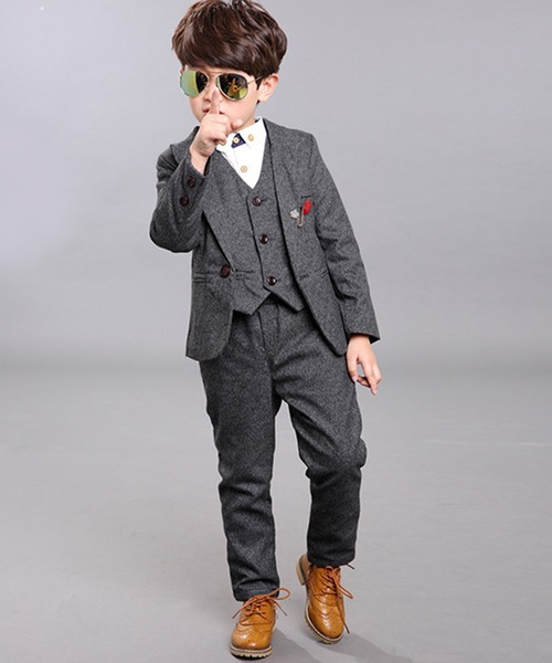 【セール】キッズ セットアップ長袖ジャケット+ベスト+シャツ+コサージュ+パンツ+ブローチ 6点セット（セットアップ）｜DAY CLOSET（デイ クローゼット）