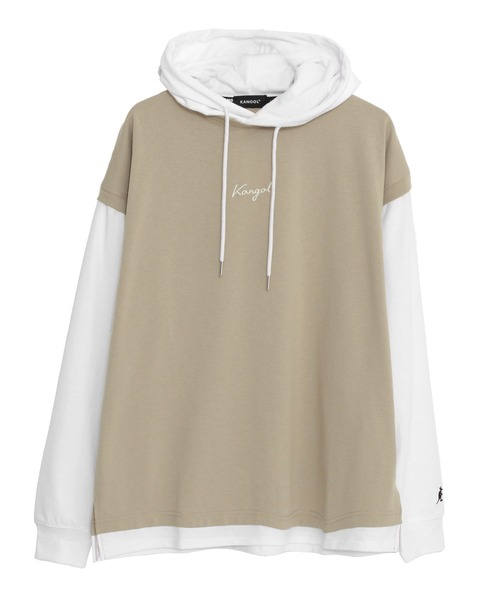 KANGOL（カンゴール）の「KANGOL/カンゴール オーバーサイズ レイヤード スリーブ Tシャツ パーカー 筆記体ロゴ 刺繍 無地 長袖 プルオーバー フーディー（パーカー・メンズ・グレイッシュベージュ/ミント/ブラック・M/L/S）」の2枚目の写真