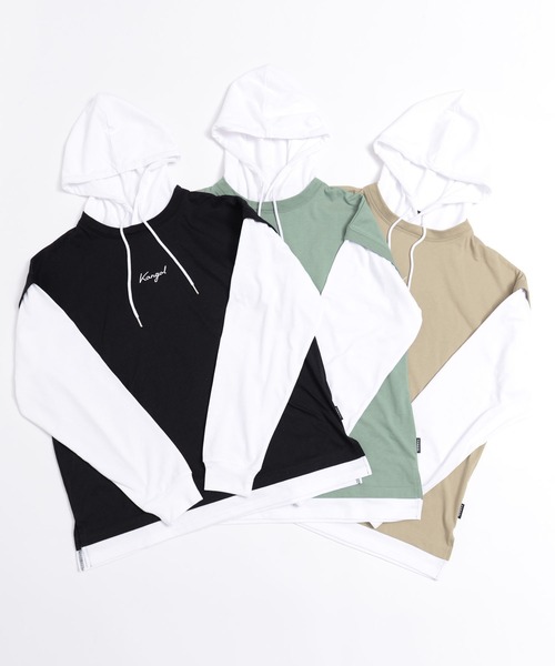 KANGOL（カンゴール）の「KANGOL/カンゴール オーバーサイズ レイヤード スリーブ Tシャツ パーカー 筆記体ロゴ 刺繍 無地 長袖 プルオーバー フーディー（パーカー・メンズ・グレイッシュベージュ/ミント/ブラック・M/L/S）」の14枚目の写真