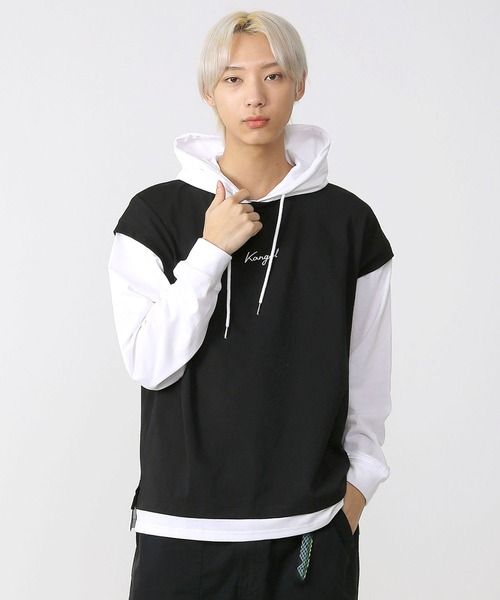 KANGOL（カンゴール）の「KANGOL/カンゴール オーバーサイズ レイヤード スリーブ Tシャツ パーカー 筆記体ロゴ 刺繍 無地 長袖 プルオーバー フーディー（パーカー・メンズ・グレイッシュベージュ/ミント/ブラック・M/L/S）」の16枚目の写真