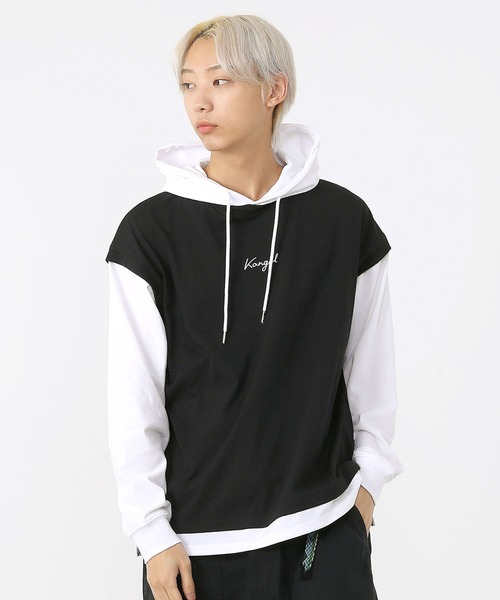 KANGOL（カンゴール）の「KANGOL/カンゴール オーバーサイズ レイヤード スリーブ Tシャツ パーカー 筆記体ロゴ 刺繍 無地 長袖 プルオーバー フーディー（パーカー・メンズ・グレイッシュベージュ/ミント/ブラック・M/L/S）」の17枚目の写真