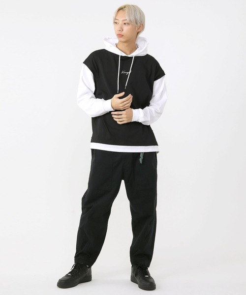 KANGOL（カンゴール）の「KANGOL/カンゴール オーバーサイズ レイヤード スリーブ Tシャツ パーカー 筆記体ロゴ 刺繍 無地 長袖 プルオーバー フーディー（パーカー・メンズ・グレイッシュベージュ/ミント/ブラック・M/L/S）」の18枚目の写真