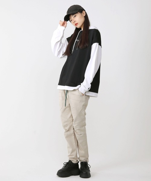 KANGOL（カンゴール）の「KANGOL/カンゴール オーバーサイズ レイヤード スリーブ Tシャツ パーカー 筆記体ロゴ 刺繍 無地 長袖 プルオーバー フーディー（パーカー・メンズ・グレイッシュベージュ/ミント/ブラック・M/L/S）」の22枚目の写真