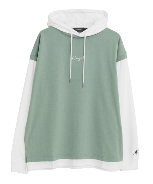 KANGOL（カンゴール）の「KANGOL/カンゴール オーバーサイズ レイヤード スリーブ Tシャツ パーカー 筆記体ロゴ 刺繍 無地 長袖 プルオーバー フーディー（パーカー・メンズ・グレイッシュベージュ/ミント/ブラック・M/L/S）」の15枚目の写真