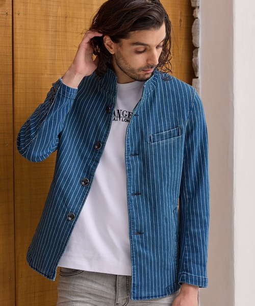 RATTLE TRAP（ラトルトラップ）の「10.25ozストレッチデニムブルゾン（デニムジャケット・メンズ・ネイビー/ベージュ/ブルー/ベージュ系/ストライプ・LL/L/M）」の5枚目の写真