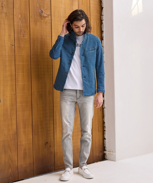 RATTLE TRAP（ラトルトラップ）の「10.25ozストレッチデニムブルゾン（デニムジャケット・メンズ・ネイビー/ベージュ/ブルー/ベージュ系/ストライプ・LL/L/M）」の8枚目の写真