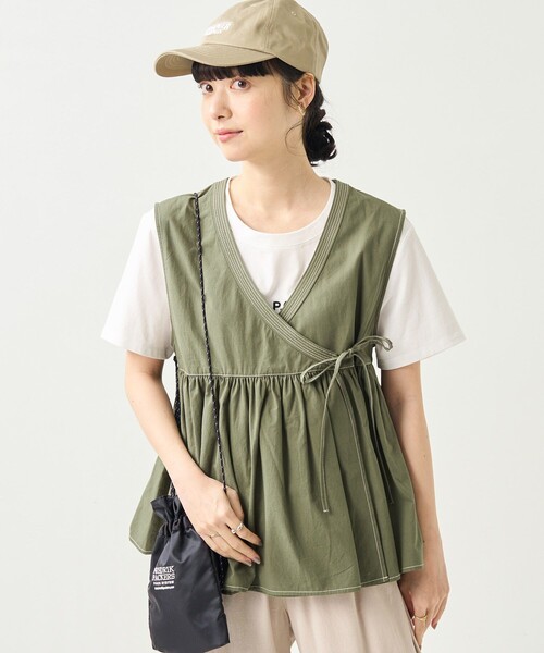 FREAK'S STORE（フリークスストア）の「カシュクール配色ステッチベスト（ベスト・レディース・オリーブ/ブラック/オフホワイト・ﾌﾘ-）」の3枚目の写真