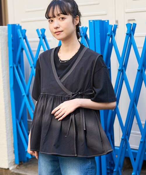 FREAK'S STORE（フリークスストア）の「カシュクール配色ステッチベスト（ベスト・レディース・オリーブ/ブラック/オフホワイト・ﾌﾘ-）」の6枚目の写真