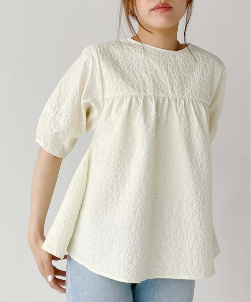 Meli rich（メリーリッチ）の「ジャガードペプラム5分袖ブラウス（シャツ/ブラウス・レディース・アイボリー/イエロー/ブラック・FREE）」の2枚目の写真