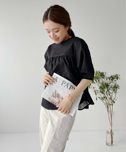 Meli rich（メリーリッチ）の「ジャガードペプラム5分袖ブラウス（シャツ/ブラウス・レディース・アイボリー/イエロー/ブラック・FREE）」の14枚目の写真