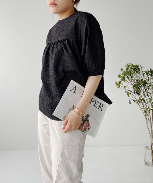 Meli rich（メリーリッチ）の「ジャガードペプラム5分袖ブラウス（シャツ/ブラウス・レディース・アイボリー/イエロー/ブラック・FREE）」の15枚目の写真