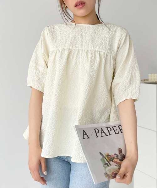 Meli rich（メリーリッチ）の「ジャガードペプラム5分袖ブラウス（シャツ/ブラウス・レディース・アイボリー/イエロー/ブラック・FREE）」の7枚目の写真