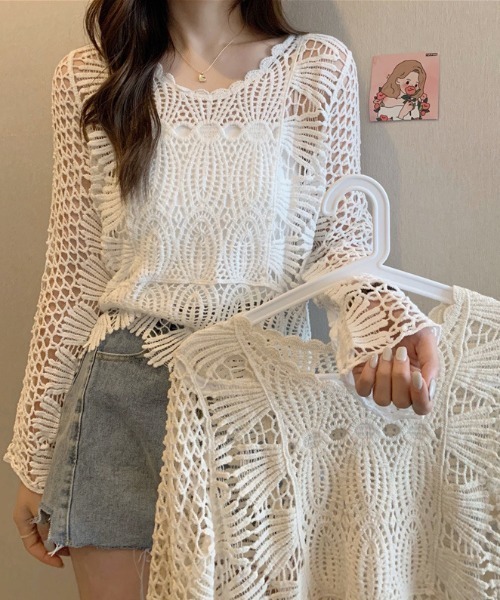 Sibra(シブラ)の「透かし編みトップス(シャツ/ブラウス・レディース・ベージュ/ホワイト・M)」の13枚目の写真
