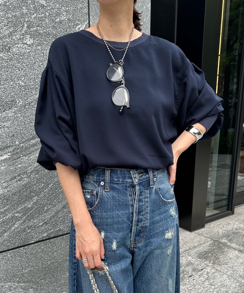 DouDou（ドゥドゥ）の「袖リブ7分袖バックボタンジョーゼットブラウス（シャツ/ブラウス・レディース・チャコールグレー/ライトグレー/ネイビー/オフホワイト・FREE）」の4枚目の写真