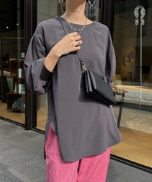 袖リブ7分袖バックボタンジョーゼットブラウス