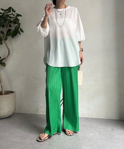 DouDou（ドゥドゥ）の「袖リブ7分袖バックボタンジョーゼットブラウス（シャツ/ブラウス・レディース・チャコールグレー/ライトグレー/ネイビー/オフホワイト・FREE）」の8枚目の写真