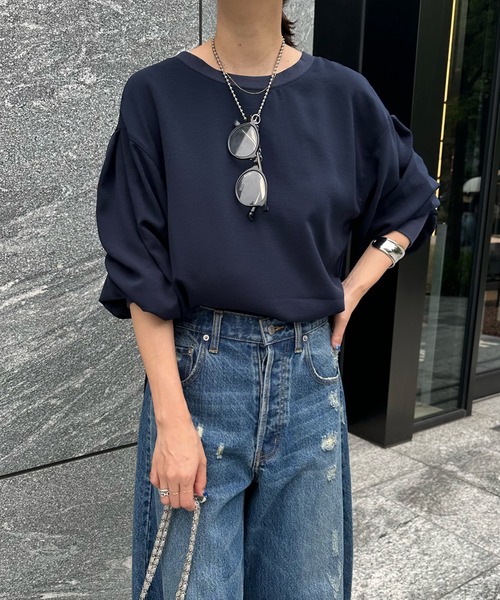 DouDou（ドゥドゥ）の「袖リブ7分袖バックボタンジョーゼットブラウス（シャツ/ブラウス・レディース・チャコールグレー/ライトグレー/ネイビー/オフホワイト・FREE）」の21枚目の写真