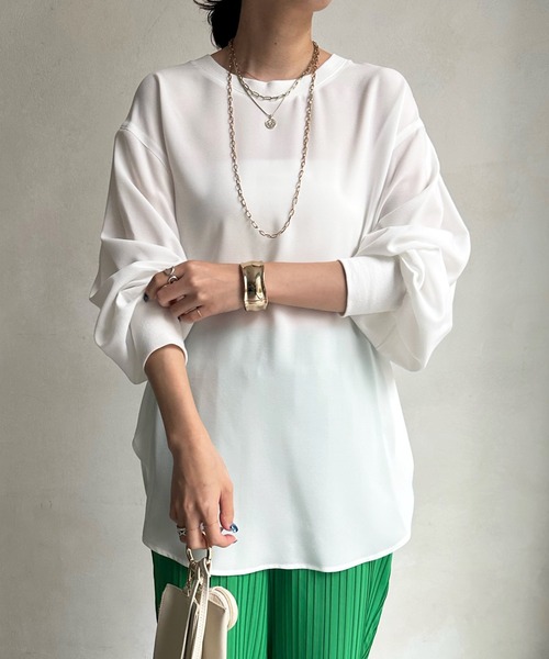 DouDou（ドゥドゥ）の「袖リブ7分袖バックボタンジョーゼットブラウス（シャツ/ブラウス・レディース・チャコールグレー/ライトグレー/ネイビー/オフホワイト・FREE）」の10枚目の写真