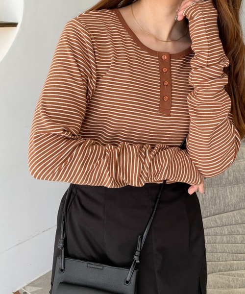 moment+(モーメントプラス)の「【累計販売枚数2万枚突破!】前後2WAY袖くしゅくしゅヘンリーネックボーダーロンT(Tシャツ/カットソー・レディース・オフホワイト/ダークオレンジ/チャコールグレー/オートミール/ネイビー/ブラック/ピンク/イエロー/杢グレー・M/L)」の12枚目の写真