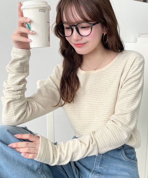 moment+（モーメントプラス）の「【累計販売枚数2万枚突破！】前後2WAY袖くしゅくしゅヘンリーネックボーダーロンT（Tシャツ/カットソー・レディース・オフホワイト/ダークオレンジ/チャコールグレー/オートミール/ネイビー/ブラック/ピンク/イエロー/杢グレー・M/L）」の18枚目の写真
