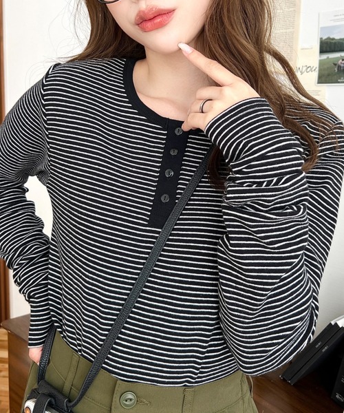 moment+(モーメントプラス)の「【累計販売枚数2万枚突破!】前後2WAY袖くしゅくしゅヘンリーネックボーダーロンT(Tシャツ/カットソー・レディース・オフホワイト/ダークオレンジ/チャコールグレー/オートミール/ネイビー/ブラック/ピンク/イエロー/杢グレー・M/L)」の11枚目の写真