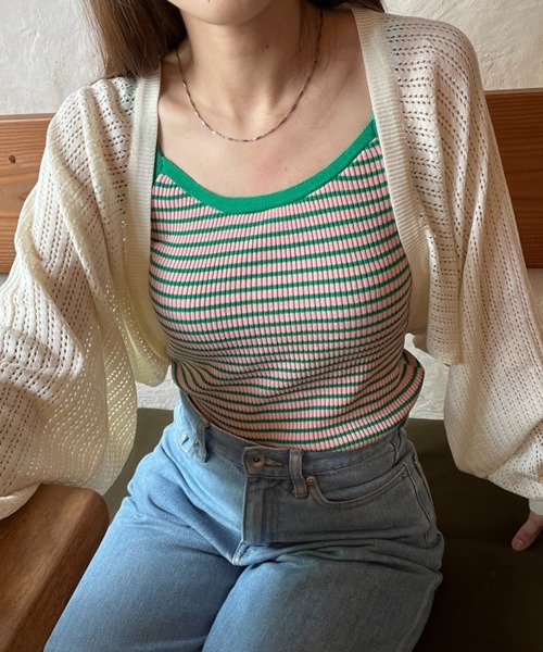 tolene(トレネ)の「ショート丈 透かし編みニット クロップドカーディガン(カーディガン/ボレロ・レディース・ライトブルー/ブラック/オフホワイト/イエロー・FREE)」の5枚目の写真