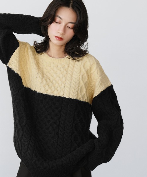 セール】バイカラーケーブルニットプルオーバー（ニット/セーター