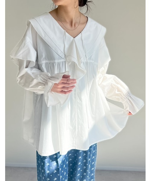 Re:EDIT（リエディ）の「オーバーサイズビッグフリルブラウス（シャツ/ブラウス・レディース・ブラック/ホワイト/パープル・MEDIUM/LARGE）」の8枚目の写真