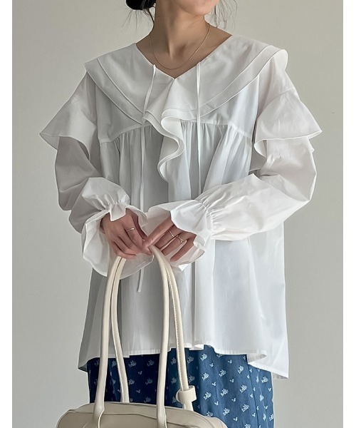 Re:EDIT（リエディ）の「オーバーサイズビッグフリルブラウス（シャツ/ブラウス・レディース・ブラック/ホワイト/パープル・MEDIUM/LARGE）」の11枚目の写真