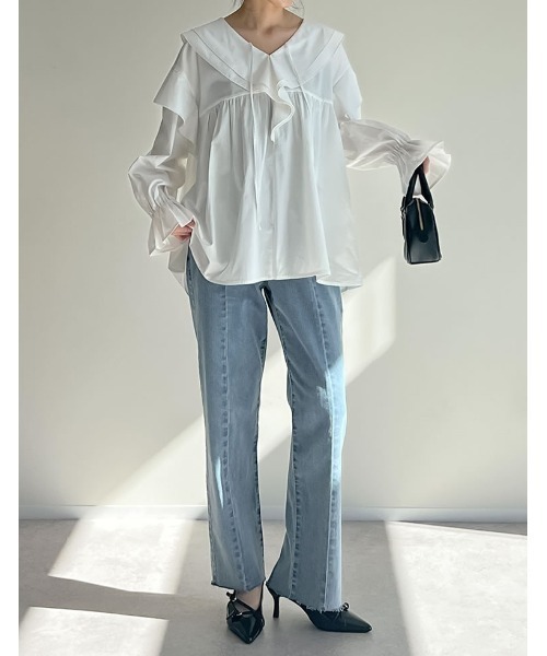 Re:EDIT（リエディ）の「オーバーサイズビッグフリルブラウス（シャツ/ブラウス・レディース・ブラック/ホワイト/パープル・MEDIUM/LARGE）」の14枚目の写真