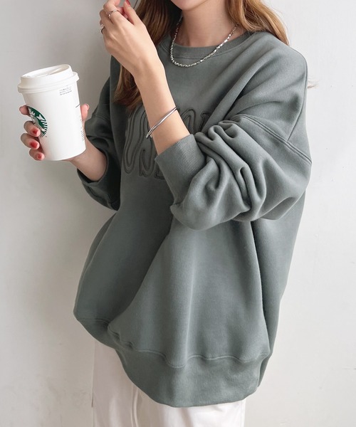 Futier land(フューティアランド)の「裏起毛ウェーブロゴ厚盛刺繍BIGプルオーバー(スウェット・レディース・アイボリー/ブラック/グリーン系その他/ブルーグレー・FREE)」の13枚目の写真