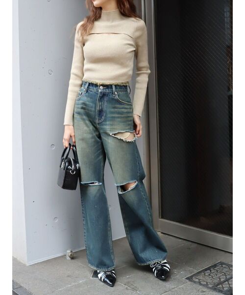 EVRIS（エヴリス）の「カットデザインハイウエストデニムパンツ【セットアップ着用可能】（デニムパンツ・レディース・インディゴブルー/ブルー/ブラック/ピンク・SMALL/MEDIUM）」の14枚目の写真