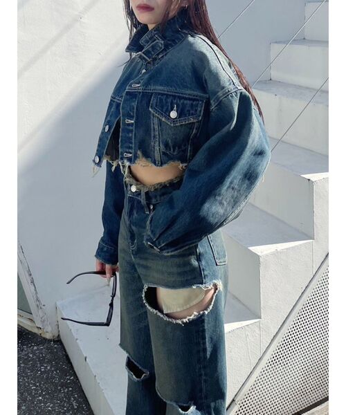 EVRIS（エヴリス）の「カットデザインハイウエストデニムパンツ【セットアップ着用可能】（デニムパンツ・レディース・インディゴブルー/ブルー/ブラック/ピンク・SMALL/MEDIUM）」の5枚目の写真