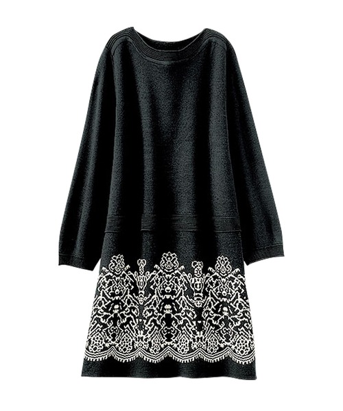 BELLUNA PLUS（ベルーナ）の「レース柄ジャカード切替ニットチュニック