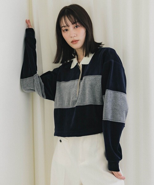 PUBLIC TOKYO（パブリックトウキョウ）の「ベロアクロップドラガーシャツ（Tシャツ/カットソー・レディース・カーキ/ネイビー・FREE）」の5枚目の写真