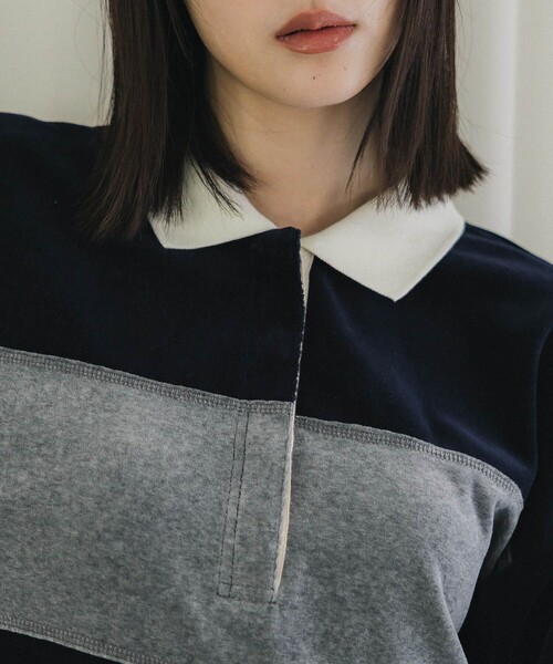 PUBLIC TOKYO（パブリックトウキョウ）の「ベロアクロップドラガーシャツ（Tシャツ/カットソー・レディース・カーキ/ネイビー・FREE）」の8枚目の写真