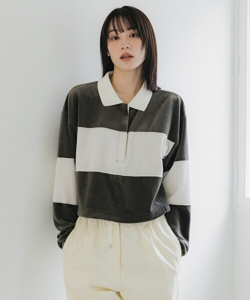 PUBLIC TOKYO（パブリックトウキョウ）の「ベロアクロップドラガーシャツ（Tシャツ/カットソー・レディース・カーキ/ネイビー・FREE）」の14枚目の写真