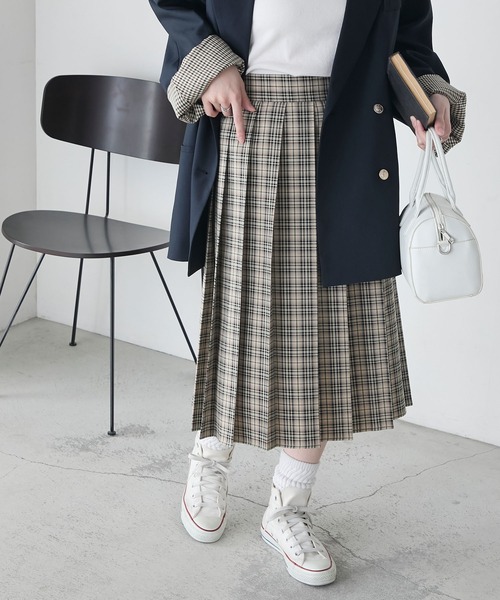 BONLECILL(ボンルシール)の「タータンチェックミディ丈プリーツスカート(スカート・レディース・ブラック/ベージュ×ブラック/ベージュ/イエロー/グリーン/ベージュ系1・FREE)」の4枚目の写真