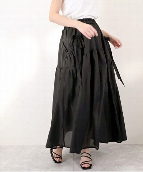 STYLEBLOCK(スタイルブロック)の「ワッシャーシアーリボンギャザースカート(スカート・レディース・ブラック/ホワイト・M)」の2枚目の写真