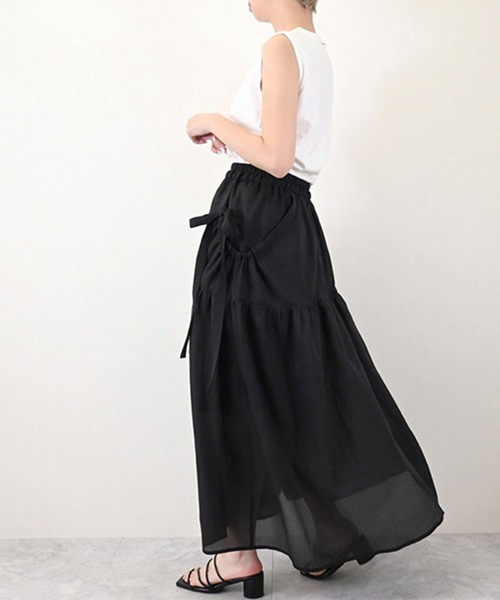 STYLEBLOCK(スタイルブロック)の「ワッシャーシアーリボンギャザースカート(スカート・レディース・ブラック/ホワイト・M)」の6枚目の写真
