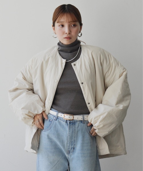 サイドジップ付きノーカラー中綿ジャケット（ノーカラージャケット