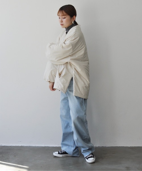 サイドジップ付きノーカラー中綿ジャケット（ノーカラージャケット