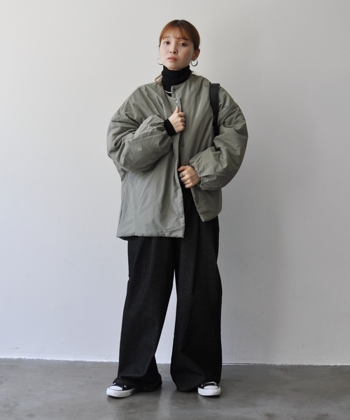 サイドジップ付きノーカラー中綿ジャケット（ノーカラージャケット