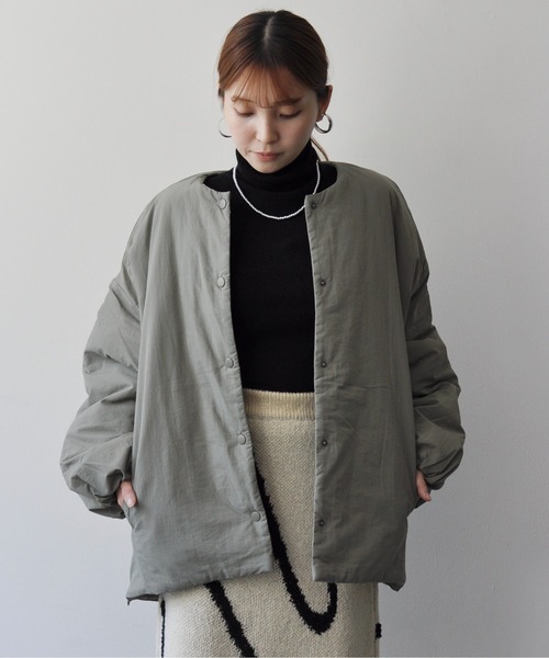 サイドジップ付きノーカラー中綿ジャケット（ノーカラージャケット