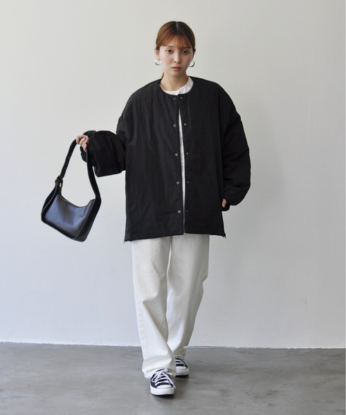 Meli rich（メリーリッチ）の「サイドジップ付きノーカラー中綿ジャケット（ノーカラージャケット・レディース・ブラック/アイボリー/ライトカーキ・MEDIUM）」の17枚目の写真