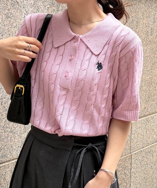 U.S. POLO ASSN.（ユーエスポロアッスン）の「[26SS新色追加]RANAN/solleim別注【U.S.POLO ASSN.】 半袖ケーブルポロ襟ニット（ニット/セーター・レディース・ネイビー/アイボリー/ブルー/ベージュ/グレー/ピンク・S/M/L）」の6枚目の写真