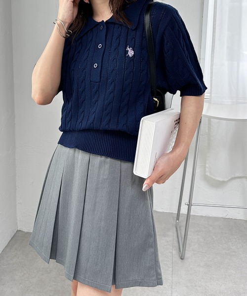 「U.S. POLO ASSN.」 半袖ニット L ブルー レディース U．S．POLO ASSN．＞ワンポイント半袖ケーブルニット