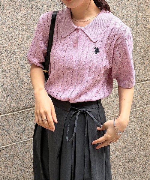 U.S. POLO ASSN.（ユーエスポロアッスン）の「[26SS新色追加]RANAN/solleim別注【U.S.POLO ASSN.】 半袖ケーブルポロ襟ニット（ニット/セーター・レディース・ネイビー/アイボリー/ブルー/ベージュ/グレー/ピンク・S/M/L）」の12枚目の写真
